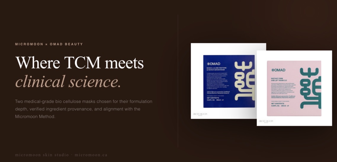 OMAD Beauty bio cellulose masks Restore Repair and Firm Lift at Micromoon Skin Studio Surrey BC