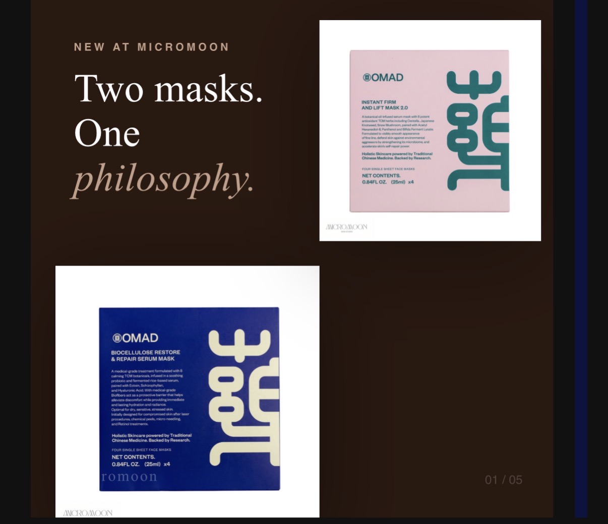 OMAD Beauty Restore Repair and Firm Lift bio cellulose masks now available at Micromoon Skin Studio Surrey BC